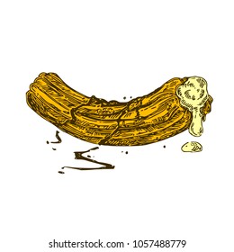 Churros with cream. Color. Engraving style. Vector illustration.