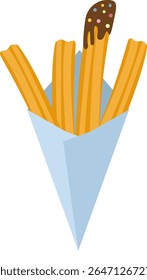 Churros dessert snack in a paper cone with chocolate topping. For fast food packaging, street food festival designs, snack themed prints