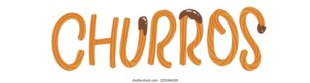 Churros - and drawn lettering word made with churros sticks and chocolate sauce. Vector flat illustration.