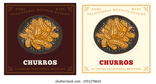 Churros fried dough dessert on plate retro vintage illustration