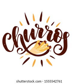 Churros. Hand drawn lettering  with churros sticks in paper bag.