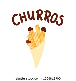 Churros. Hand drawn lettering  with churros sticks in paper bag.