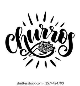 Churros. Hand drawn lettering  with churros sticks in paper bag.