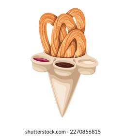 Churros heap in cone bag with different sauces vector illustration. Cartoon isolated pile of churro sticks in sugar powder cover wrapped in plastic package with round cups full of sweet tasty dips