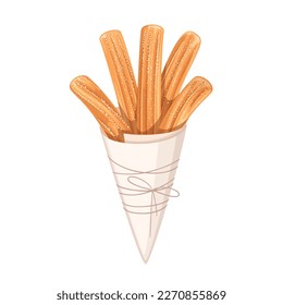 Churros heap in cone paper bag vector illustration. Cartoon isolated churro sticks in sugar powder cover wrapped in street food packaging tied with string, stack of traditional takeaway cakes