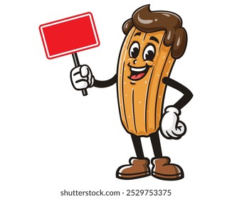 Churros is holding blank Sign Board, Cartoon Mascot Illustration Character Vector Clip-art Hand-drawn Logo Design