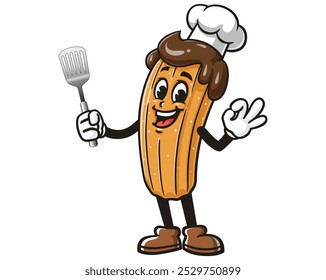 Churros holding a Spatula and wearing a Chef's Hat, Cartoon Mascot Illustration Character Vector Clip-art Hand-drawn Logo Design