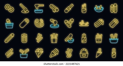 Churros icons set outline vector. Mexican chocolate. Churro food neon color on black