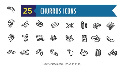 Los iconos de Churros establecen el Vector de contorno. chocolate mexicano. Comida Churro. Colección de iconos de esquema. Trazo editable.