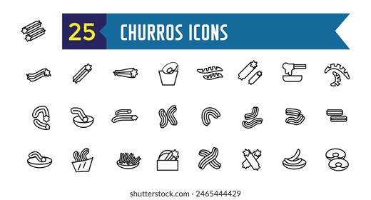 Churros icons set outline vector. Mexican chocolate. Churro food. Outline icon collection. Editable stroke.