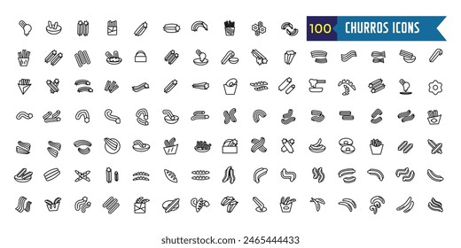 Churros icons set outline vector. Mexican chocolate. Churro food. Outline icon collection. Editable stroke.