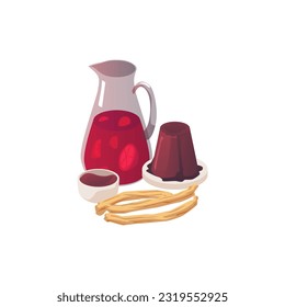 Churros, jug of sangria and sweet dessert Spanish food flat style, vector illustration isolated on white background. Traditional Spanish dishes, tasty culinary product, decorative design element