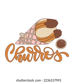 Churros lettering concept. Hand drawn lettering with churros stick in paper bag. Vector contour illustration.