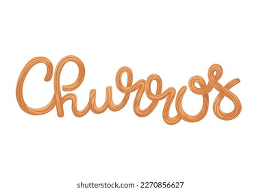 Churros lettering with sweet sticks font vector illustration. Cartoon isolated churro snacks and traditional Mexican and Spanish sweet food in typography poster design for tasty restaurant menu