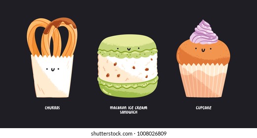 Churros, macaron ice cream sandwich and cupcake isolated vector illustrations