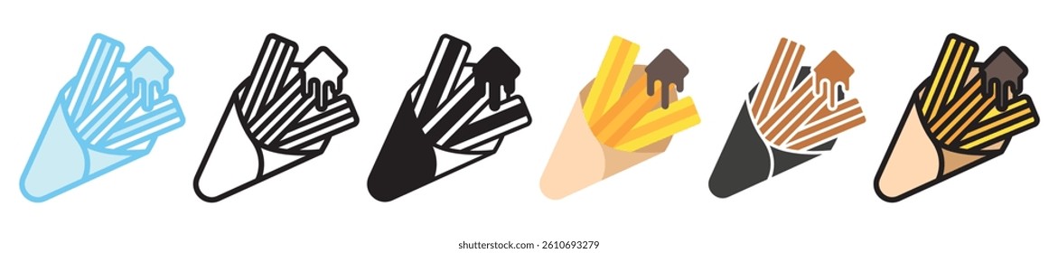 Churros multi style, mini illustration icon set. outline, flat, glyph, line color, UI, UX, app and web, digital or print. vector EPS 10 related to street food, food festival.