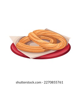 Churros en la ilustración del vector de placa. Caricatura bandeja aislada de restaurante de comida rápida con servilleta de papel y dos palos de churro en cubierta de polvo de azúcar, pasteles tradicionales hechos con masa de pastelería choux