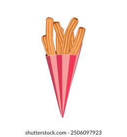 Churros in a paper bag. Famous Spanish snacks vector illustration.