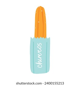 Churros in a paper bag. Mexican snack. Hand drawn flat vector illustration.