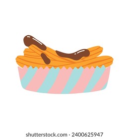 Churros in a paper bag. Mexican snack. Hand drawn flat vector illustration. Churros in chocolate