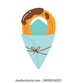 Churros in a paper bag. Mexican snack. Hand drawn flat vector illustration. Churros in chocolate in a cone.