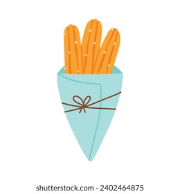Churros in a paper bag. Mexican snack. Hand drawn flat vector illustration. Churros in a cone.