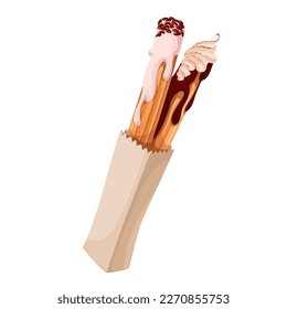 Churros en la ilustración vectorial de la bolsa de papel. La caricatura aisló dos palos de churro envueltos en una caja de papel, pasteles crujientes con salsa de chocolate y fresa rosa, glaseado de azúcar y deliciosa decoración de caramelos