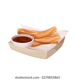 Churros pile in paper box with bowl of chocolate sauce vector illustration. Cartoon isolated container with heap of churro sticks in sugar powder cover for eating and dipping into cup of choco dip