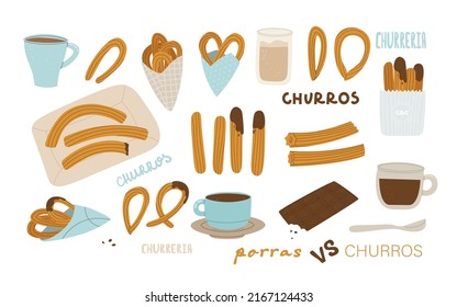 Churros, porras, chocolate and coffee. Big set of vector isolated illustrations for design. Spanish, Madrid or Mexican traditional pastries for breakfast.