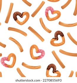 Churros seamless pattern vector illustration. Cartoon isolated churro sticks and hearts dipped in chocolate sauce and pink strawberry icing, delicious dessert in gourmet breakfast restaurant menu