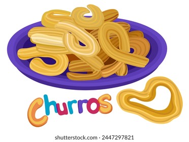 Churros served on plate. Spanish traditional sweet snack. Vector isolated illustration with lettering.