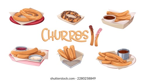 Churros set vector illustration. Cartoon isolated Mexican and Spanish sweet food menu collection with churro sticks from fried dough, snack and dessert in paper box, plate with hot chocolate bowl