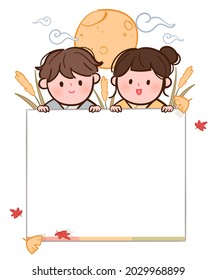 Chuseok background with cute couple in hanbok. Korean Thanksgiving Day Event Concept Cute Character Vector Illustration.