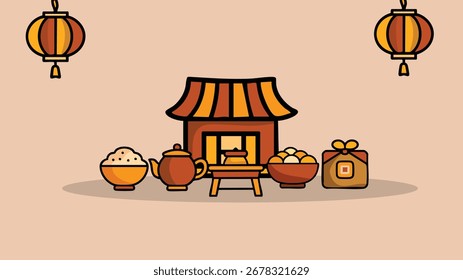 Chuseok fundo com lanterna de arroz de mesa e presentes tradicionais