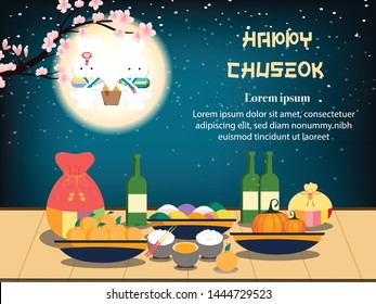Chuseok banner design.persimmon tree on full moon view background.