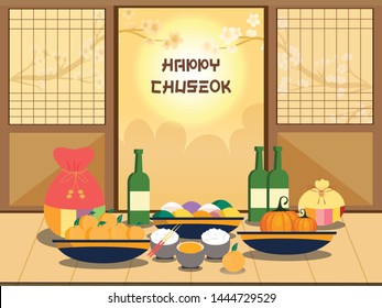 Chuseok banner design.persimmon tree on full moon view background.