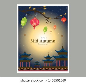 Chuseok banner design.persimmon tree on full moon view background.