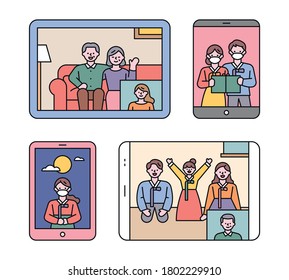 Chuseok, a big holiday in Korea. Due to the pandemic, family members are asking for regards through video calls. flat design style minimal vector illustration.