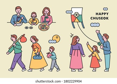 Chuseok, a big holiday in Korea. Families eat traditional food, fly kites, and go to their parents' house. flat design style minimal vector illustration.