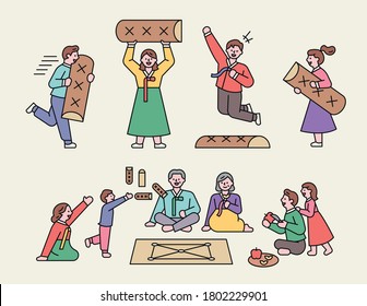 Chuseok, a big holiday in Korea. The family is playing a traditional Korean board game. flat design style minimal vector illustration.