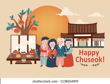 Chuseok celebration background with full moon, family reunion in Korean traditional costume and ancestor worship rite, illustration, vector