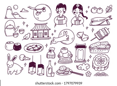 Chuseok festival doodle set vector illustration