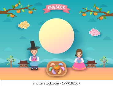 Chuseok festival with korean people on full moon background.