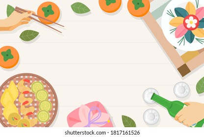 Chuseok Food Background Vector illustration. Korean traditional food for Thanksgiving Day. Persimmon fruits ,songpyeon(rice cake) and soju