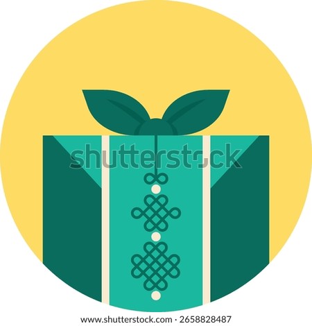 Chuseok gift wrapped in green bojagi inside a yellow full moon circle. Can be used as a festive holiday element or icon for Korean culture themes.