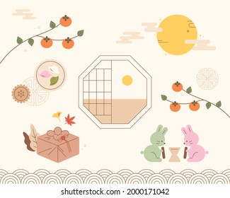 Chuseok greeting card with traditional Korean object design. flat design style minimal vector illustration.