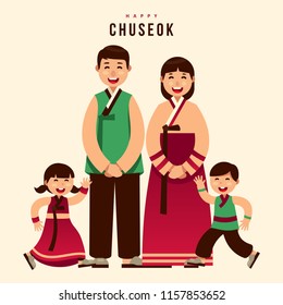 Chuseok Hanbok Korean Thanksgiving Family Greeting Card Vector Illustration