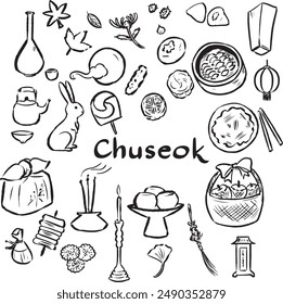 Chuseok hand drawn elements. Korean traditional food, activities and objects: Teok, moon cake, fruit basket, tea, lantern vector drawings. Asia holiday illustration. 