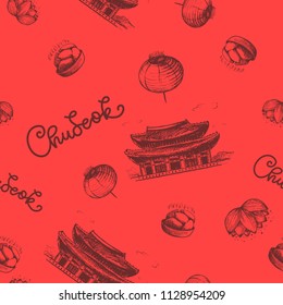 Chuseok. Hand-drawn pattern with temple, paper lantern, plate with traditional food, lotus. Poster, postcard for the holiday Chuseok. Brown on red background