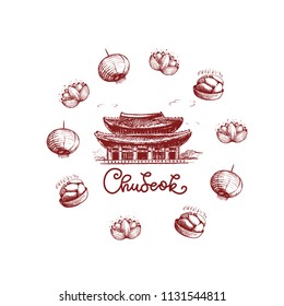 Chuseok. Hand-drawn temple, paper lantern, plate with traditional food, lotus. Poster, postcard for the holiday Chuseok. Paper lantern, plate with traditional food, lotus.
